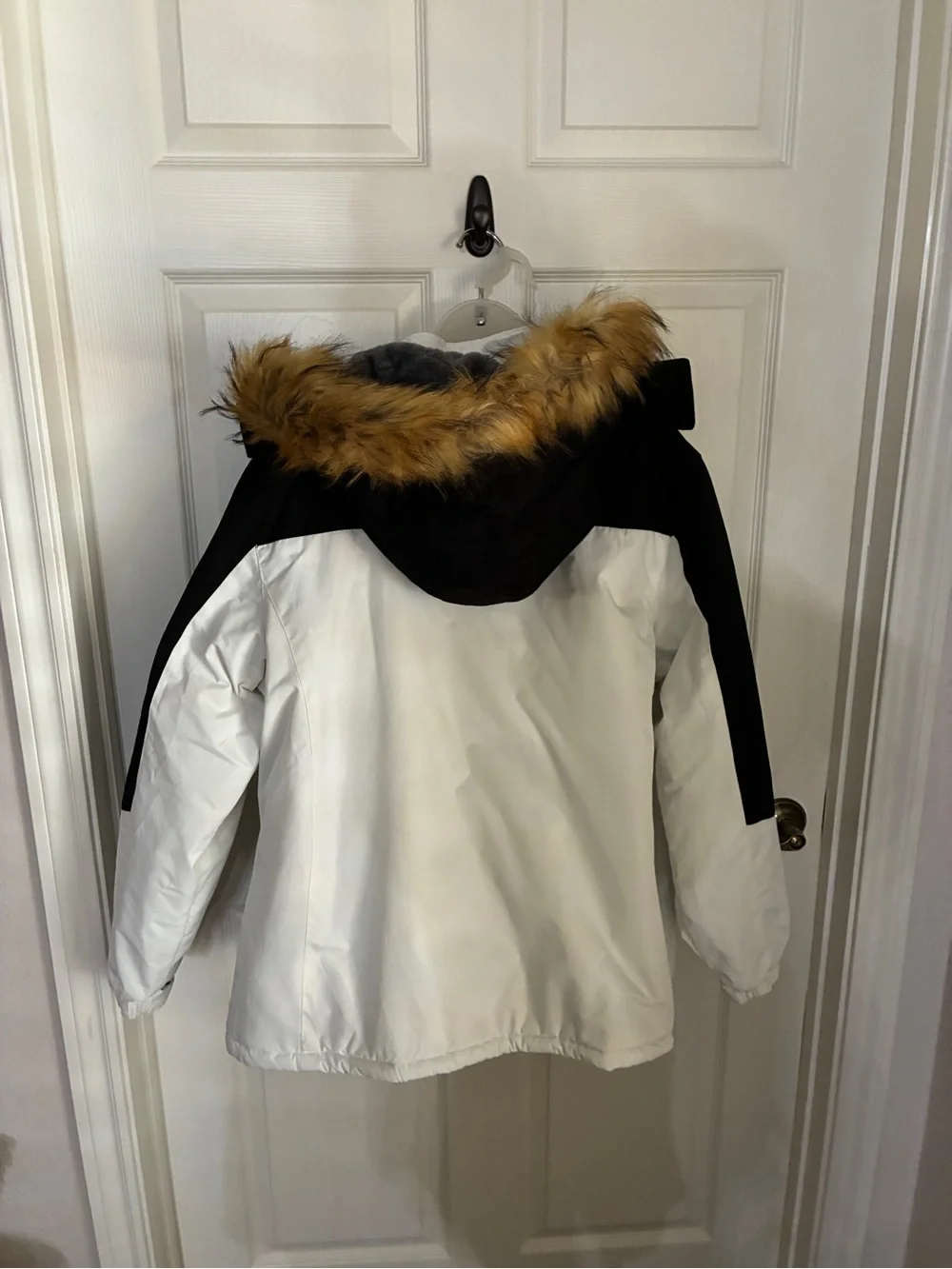 Two-Tone White and Black Winter Jacket with Faux Fur Hood